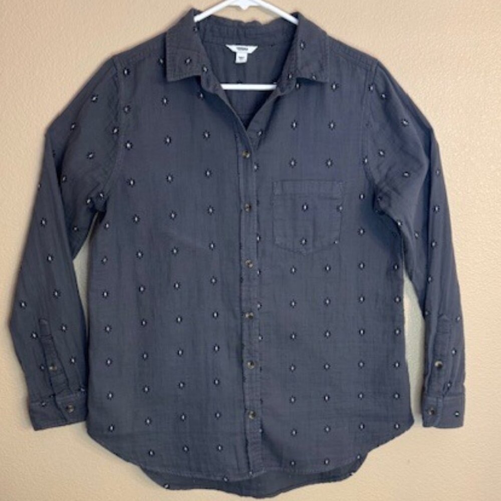 Sonoma Womens Button Down Shirt Gray w Black White flower print Size M EUC 1016